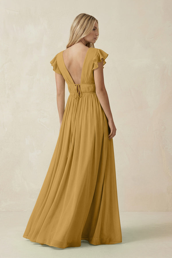 Marigold V-Neck A-Line Chiffon Cap Sleeves Bridesmaid Dress (2) | KISSBRIDAL