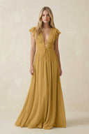 Marigold V-Neck A-Line Chiffon Cap Sleeves Bridesmaid Dress | KISSBRIDAL