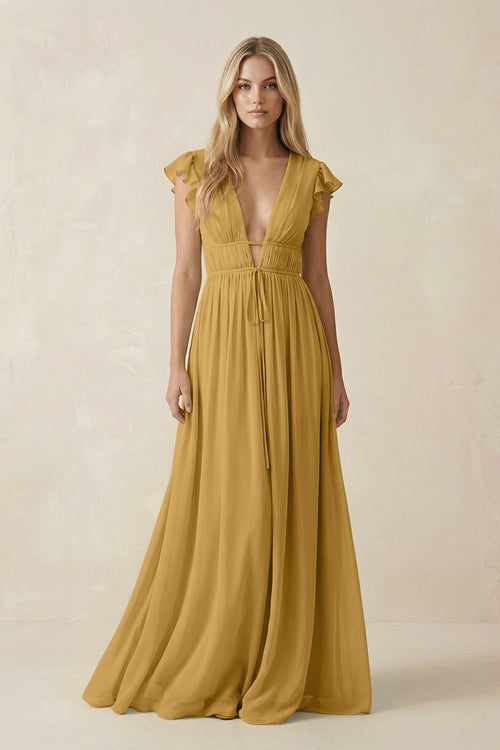 Marigold V-Neck A-Line Chiffon Cap Sleeves Bridesmaid Dress | KISSBRIDAL