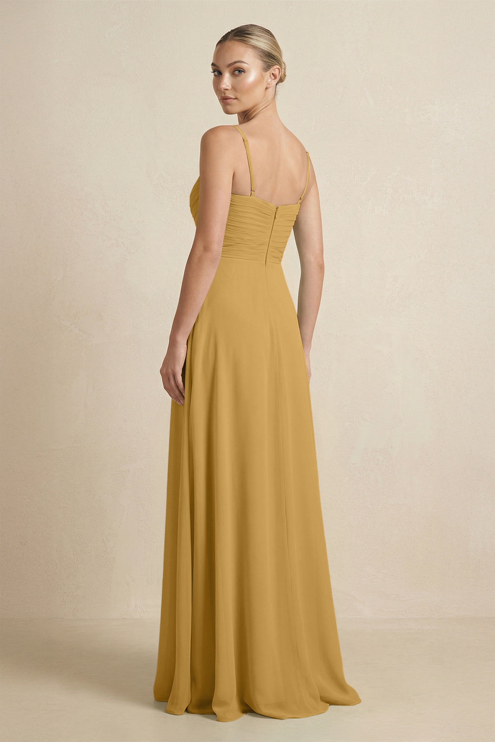 V-Neck A-Line Chiffon Pleated Bridesmaid Dress in Marigold