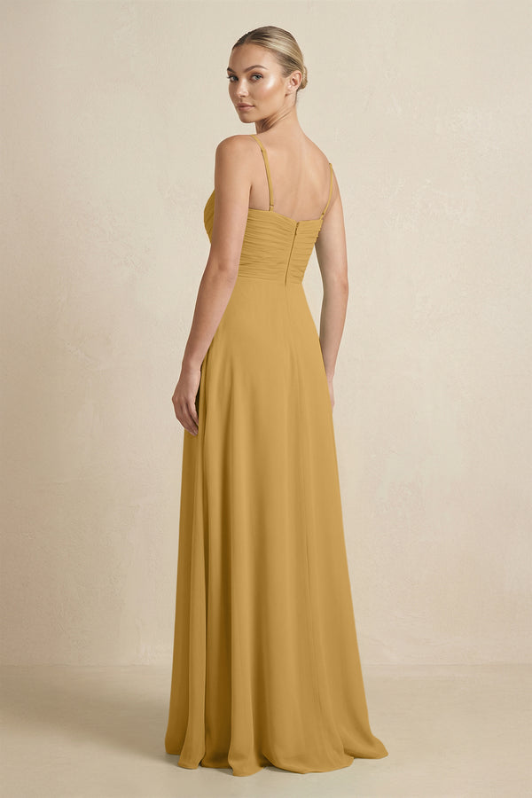 Marigold V-Neck A-Line Chiffon Pleated Bridesmaid Dress (2) | KISSBRIDAL