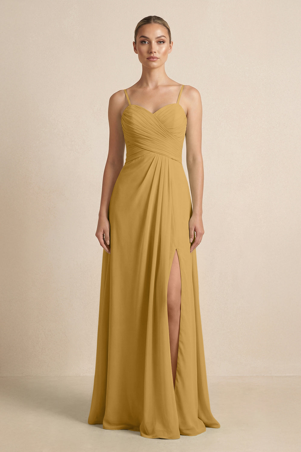 V-Neck A-Line Chiffon Pleated Bridesmaid Dress in Marigold