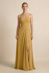 Marigold V-Neck A-Line Chiffon Pleated Bridesmaid Dress | KISSBRIDAL