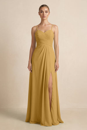 Marigold V-Neck A-Line Chiffon Pleated Bridesmaid Dress | KISSBRIDAL