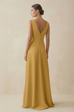Marigold V-Neck A-Line Chiffon Ruffled Bridesmaid Dress (2) | KISSBRIDAL