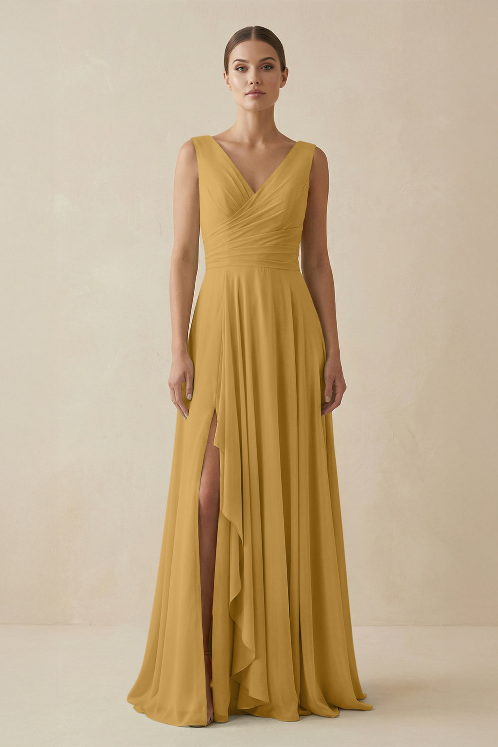 V-Neck A-Line Chiffon Ruffled Bridesmaid Dress in Marigold