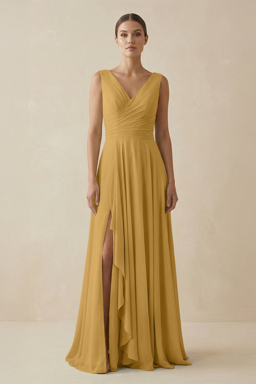 Marigold V-Neck A-Line Chiffon Ruffled Bridesmaid Dress | KISSBRIDAL