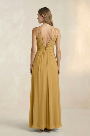 Marigold V-Neck A-Line Pleated Chiffon Bridesmaid Dress (2) | KISSBRIDAL