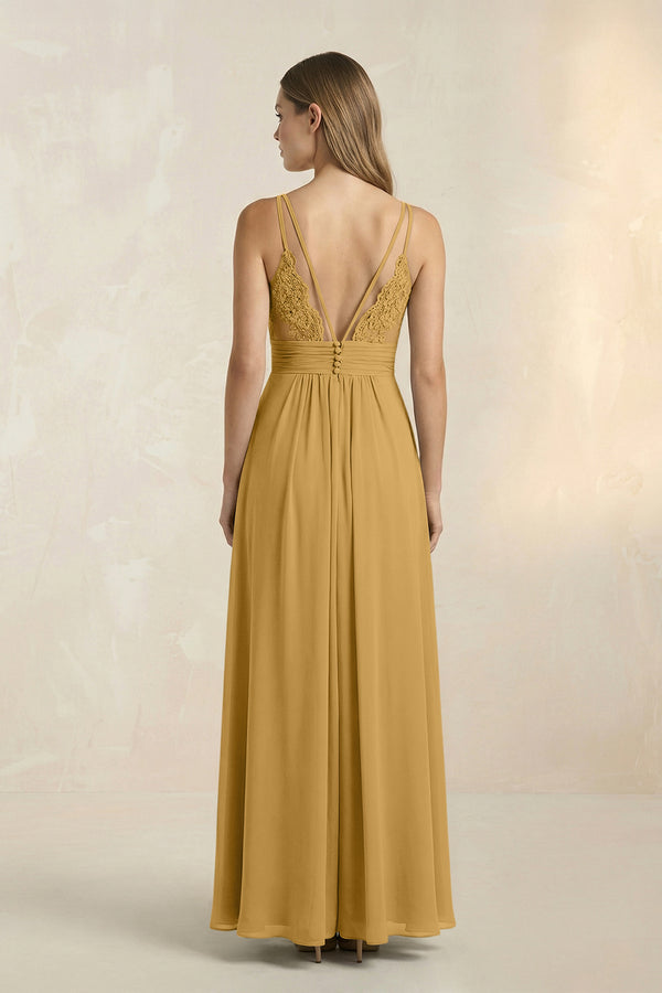 Marigold V-Neck A-Line Pleated Chiffon Bridesmaid Dress (2) | KISSBRIDAL