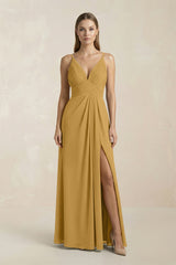 Marigold V-Neck A-Line Pleated Chiffon Bridesmaid Dress | KISSBRIDAL