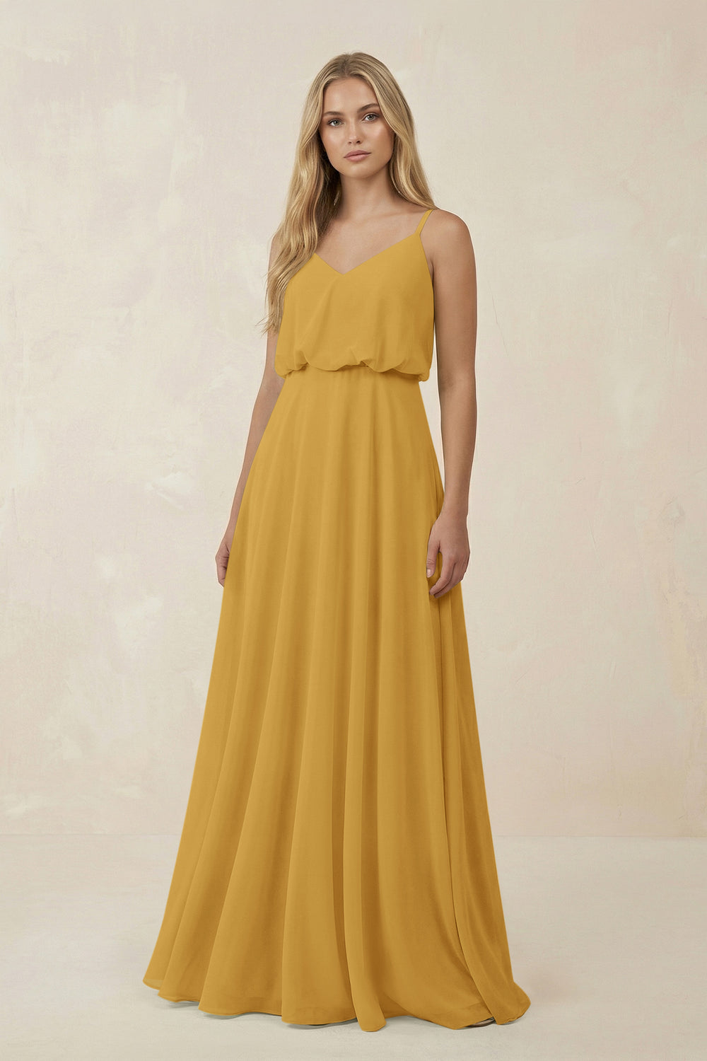 V-Neck Blouson A-Line Chiffon Bridesmaid Dress in Marigold