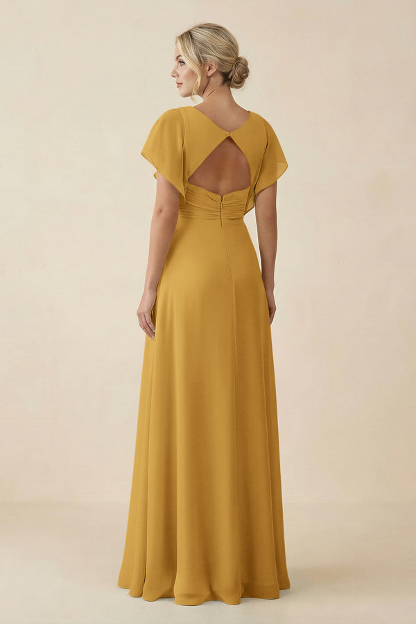 Marigold V-Neck Cap Sleeve Chiffon Bridesmaid Dress with Cut-out Back (2) | KISSBRIDAL