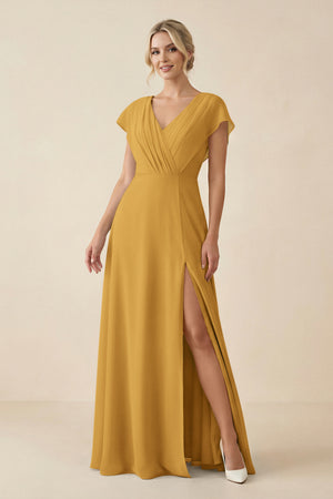 Marigold V-Neck Cap Sleeve Chiffon Bridesmaid Dress with Cut-out Back | KISSBRIDAL