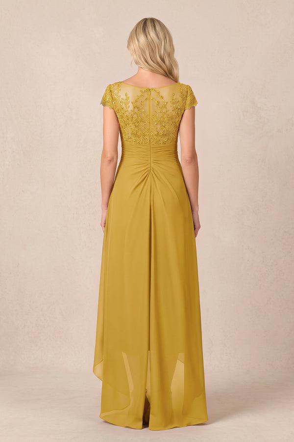 Marigold V-Neck Chiffon A-Line Embroidered Ruched Mother of the Bride Dress (2) | KISSBRIDAL