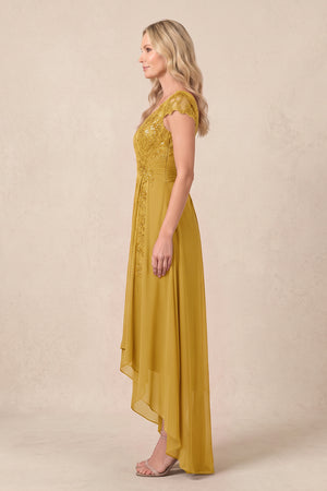 Marigold V-Neck Chiffon A-Line Embroidered Ruched Mother of the Bride Dress (3) | KISSBRIDAL