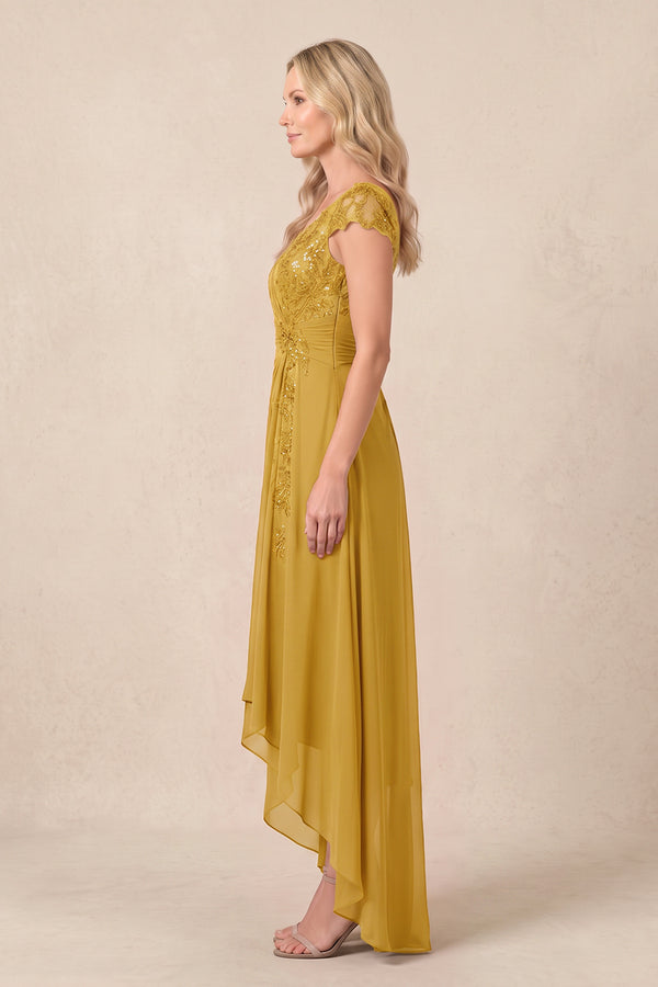 Marigold V-Neck Chiffon A-Line Embroidered Ruched Mother of the Bride Dress (3) | KISSBRIDAL