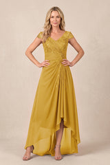 Marigold V-Neck Chiffon A-Line Embroidered Ruched Mother of the Bride Dress | KISSBRIDAL