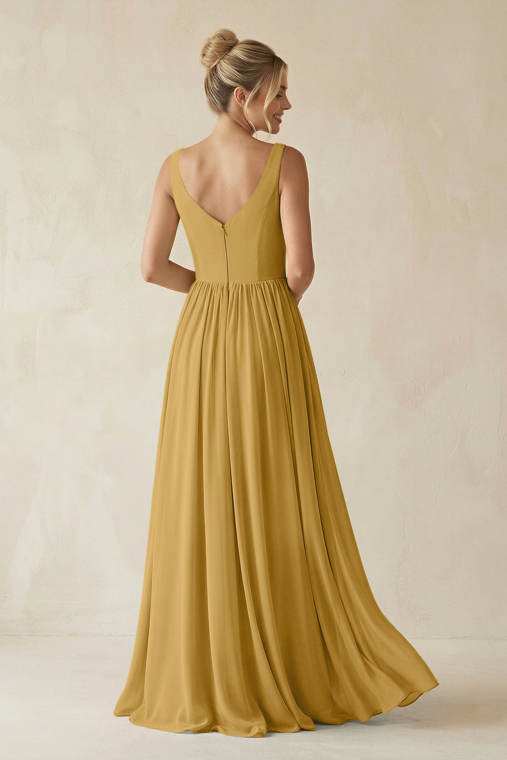 V-Neck Chiffon A-Line Long Bridesmaid Dress in Marigold