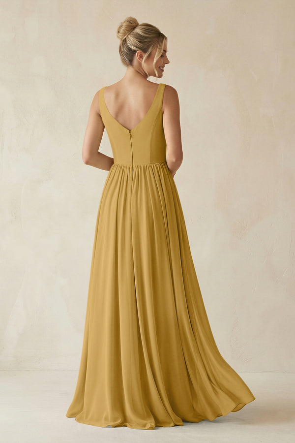 Marigold V-Neck Chiffon A-Line Long Bridesmaid Dress (2) | KISSBRIDAL