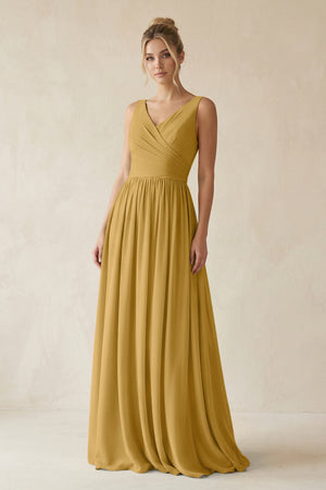 Marigold V-Neck Chiffon A-Line Long Bridesmaid Dress | KISSBRIDAL