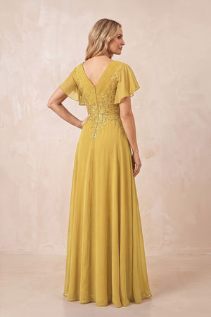 Marigold V-Neck Chiffon Ruffled Sleeves A-Line Mother of the Bride Dress (2) | KISSBRIDAL