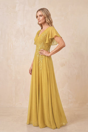 Marigold V-Neck Chiffon Ruffled Sleeves A-Line Mother of the Bride Dress (3) | KISSBRIDAL