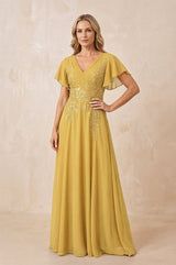 Marigold V-Neck Chiffon Ruffled Sleeves A-Line Mother of the Bride Dress | KISSBRIDAL