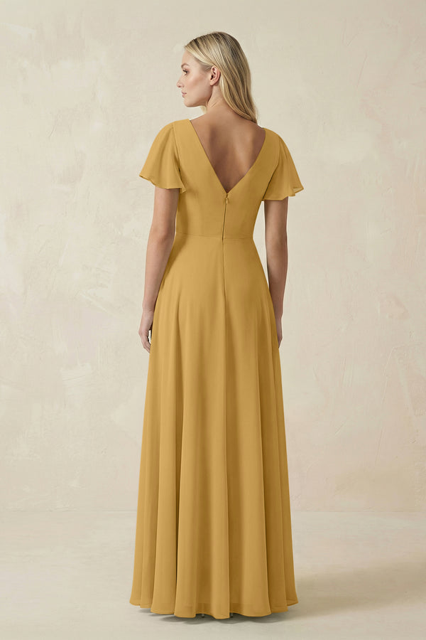 Marigold V-Neck Flutter Sleeve A-Line Chiffon Bridesmaid Dress (2) | KISSBRIDAL