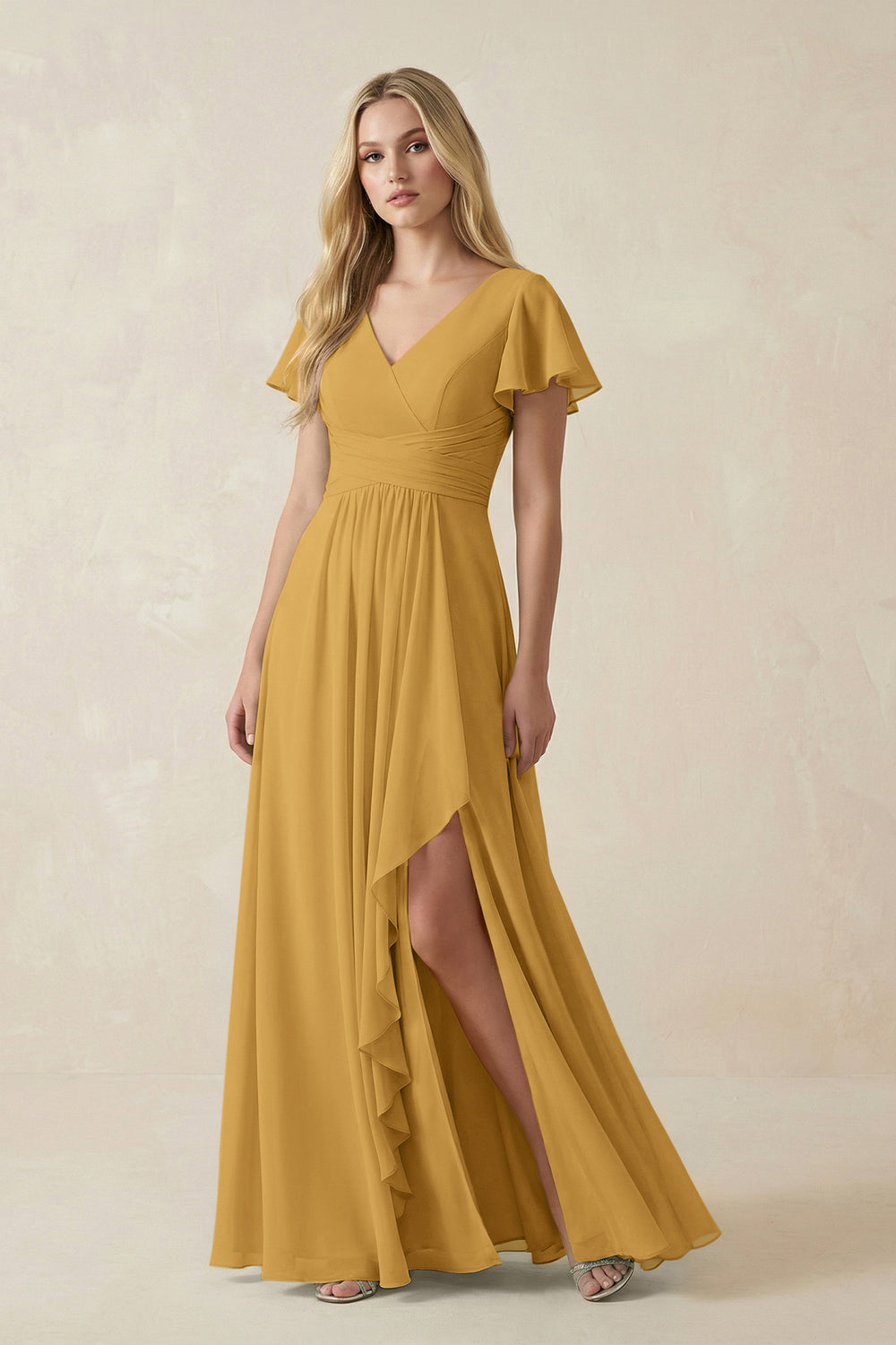 V-Neck Flutter Sleeve A-Line Chiffon Bridesmaid Dress in Marigold