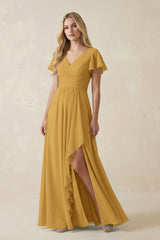 Marigold V-Neck Flutter Sleeve A-Line Chiffon Bridesmaid Dress | KISSBRIDAL