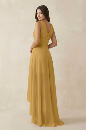 Marigold V-Neck High-Low Chiffon Bridesmaid Dress (2) | KISSBRIDAL