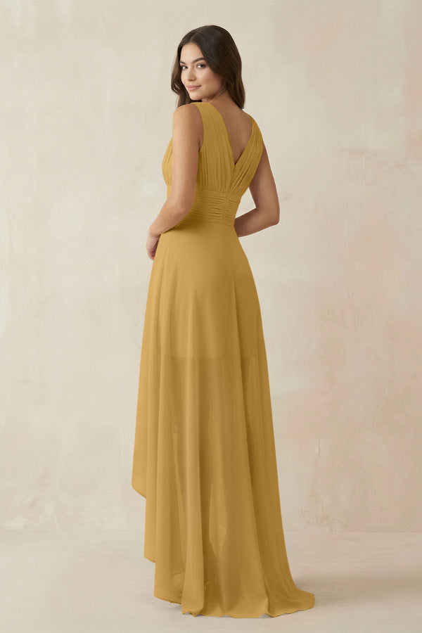 Marigold V-Neck High-Low Chiffon Bridesmaid Dress (2) | KISSBRIDAL