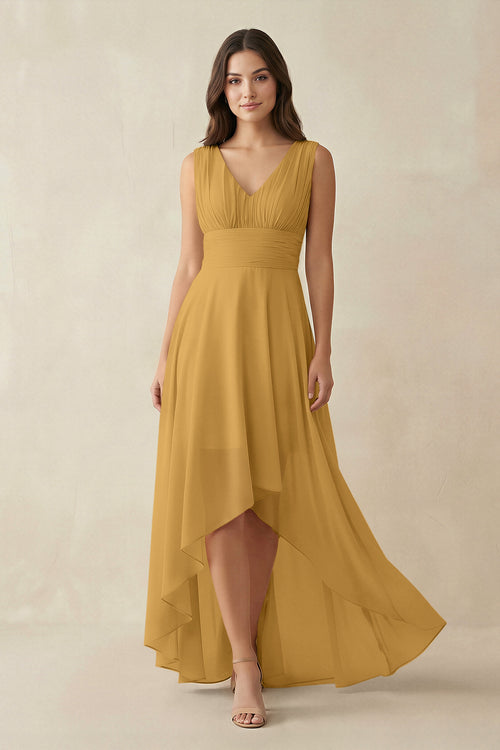 Marigold V-Neck High-Low Chiffon Bridesmaid Dress | KISSBRIDAL