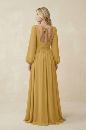 Marigold V-Neck Long Sleeve A-Line Chiffon Bridesmaid Dress (2) | KISSBRIDAL