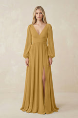 Marigold V-Neck Long Sleeve A-Line Chiffon Bridesmaid Dress | KISSBRIDAL