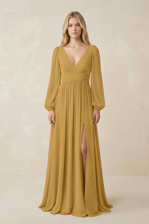 Marigold V-Neck Long Sleeve A-Line Chiffon Bridesmaid Dress | KISSBRIDAL