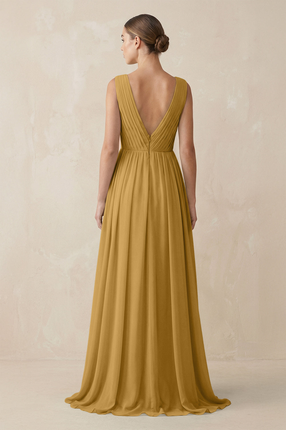 V-Neck Pleated A-Line Chiffon Bridesmaid Dress in Marigold