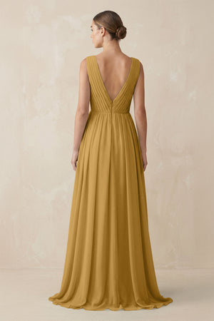 Marigold V-Neck Pleated A-Line Chiffon Bridesmaid Dress (2) | KISSBRIDAL