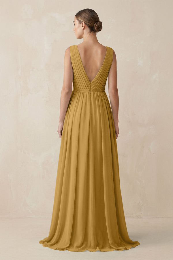 Marigold V-Neck Pleated A-Line Chiffon Bridesmaid Dress (2) | KISSBRIDAL