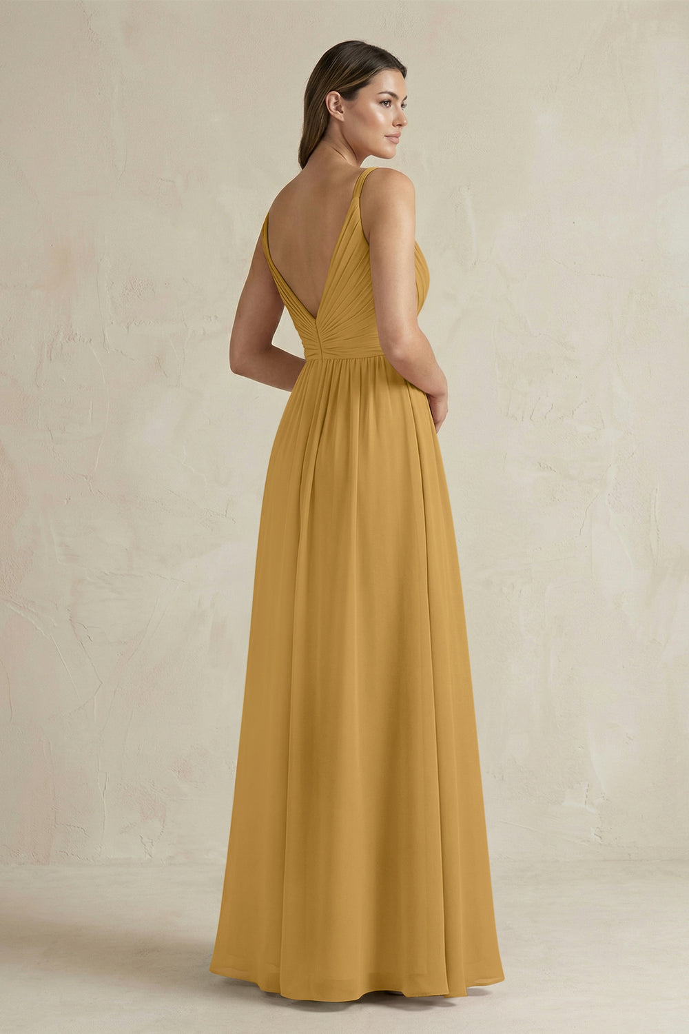 V-Neck Pleated A-Line Chiffon Bridesmaid Dress in Marigold