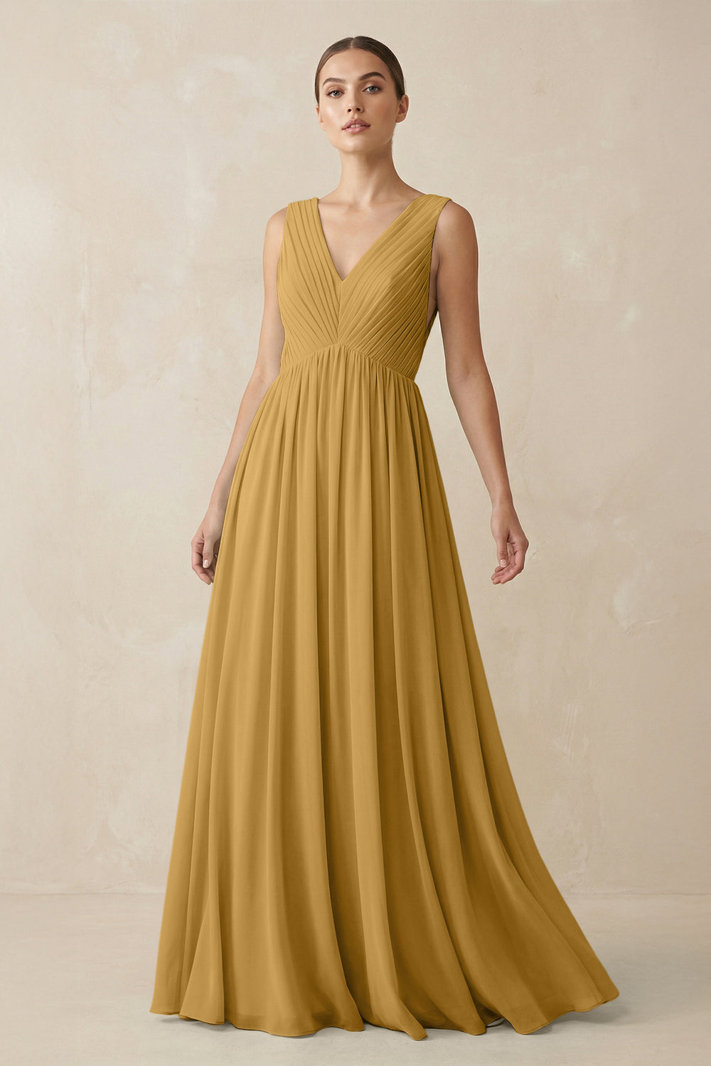 V-Neck Pleated A-Line Chiffon Bridesmaid Dress in Marigold