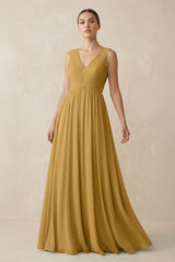 Marigold V-Neck Pleated A-Line Chiffon Bridesmaid Dress | KISSBRIDAL