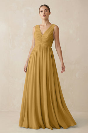 Marigold V-Neck Pleated A-Line Chiffon Bridesmaid Dress | KISSBRIDAL