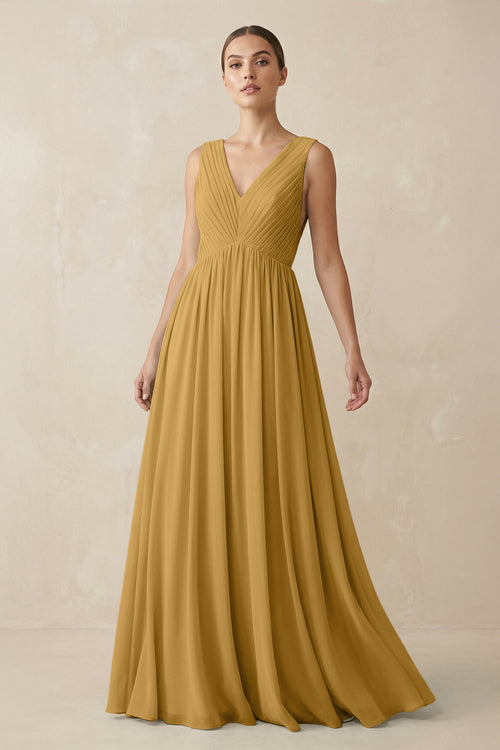 Marigold V-Neck Pleated A-Line Chiffon Bridesmaid Dress | KISSBRIDAL