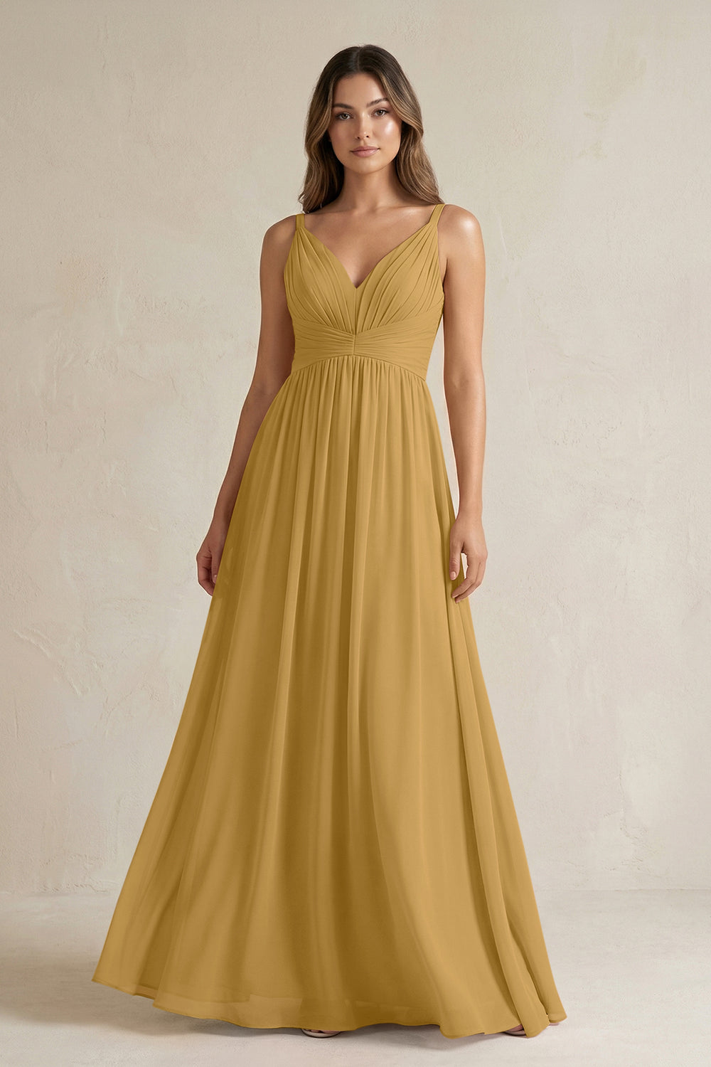 V-Neck Pleated A-Line Chiffon Bridesmaid Dress in Marigold