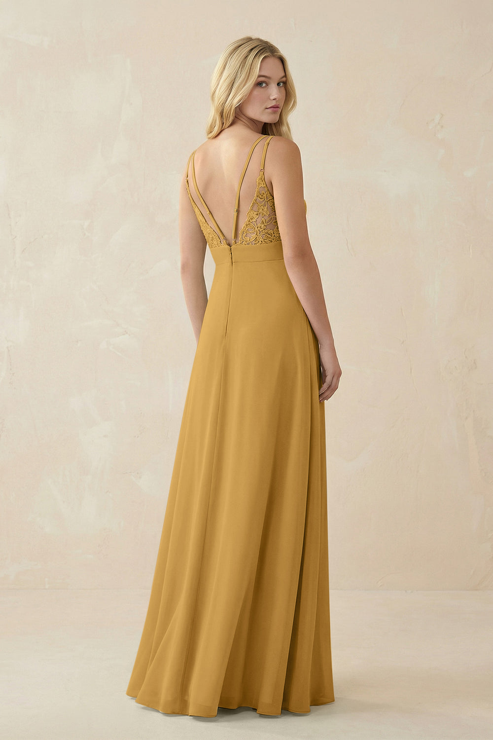 V-Neck Ruched Chiffon Bridesmaid Dress with Slit in Marigold