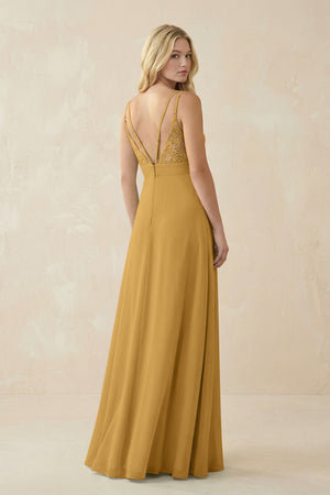 Marigold V-Neck Ruched Chiffon Bridesmaid Dress with Slit (2) | KISSBRIDAL