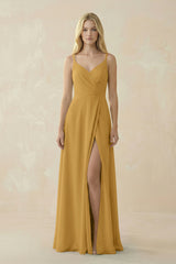 Marigold V-Neck Ruched Chiffon Bridesmaid Dress with Slit | KISSBRIDAL