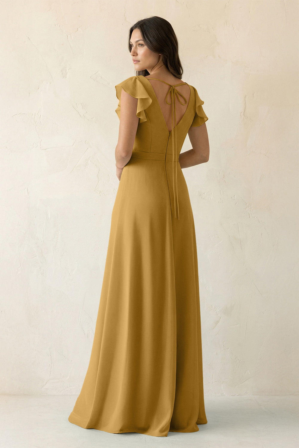 V-Neck Ruffled A-Line Chiffon Bridesmaid Dress in Marigold