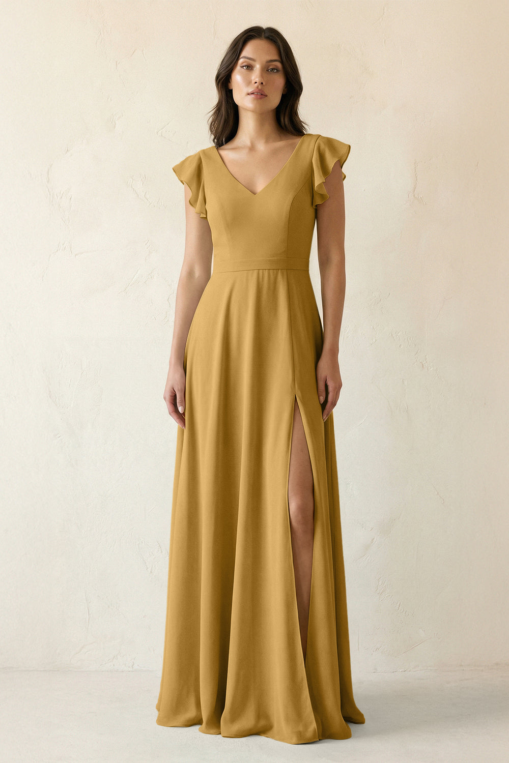 V-Neck Ruffled A-Line Chiffon Bridesmaid Dress in Marigold
